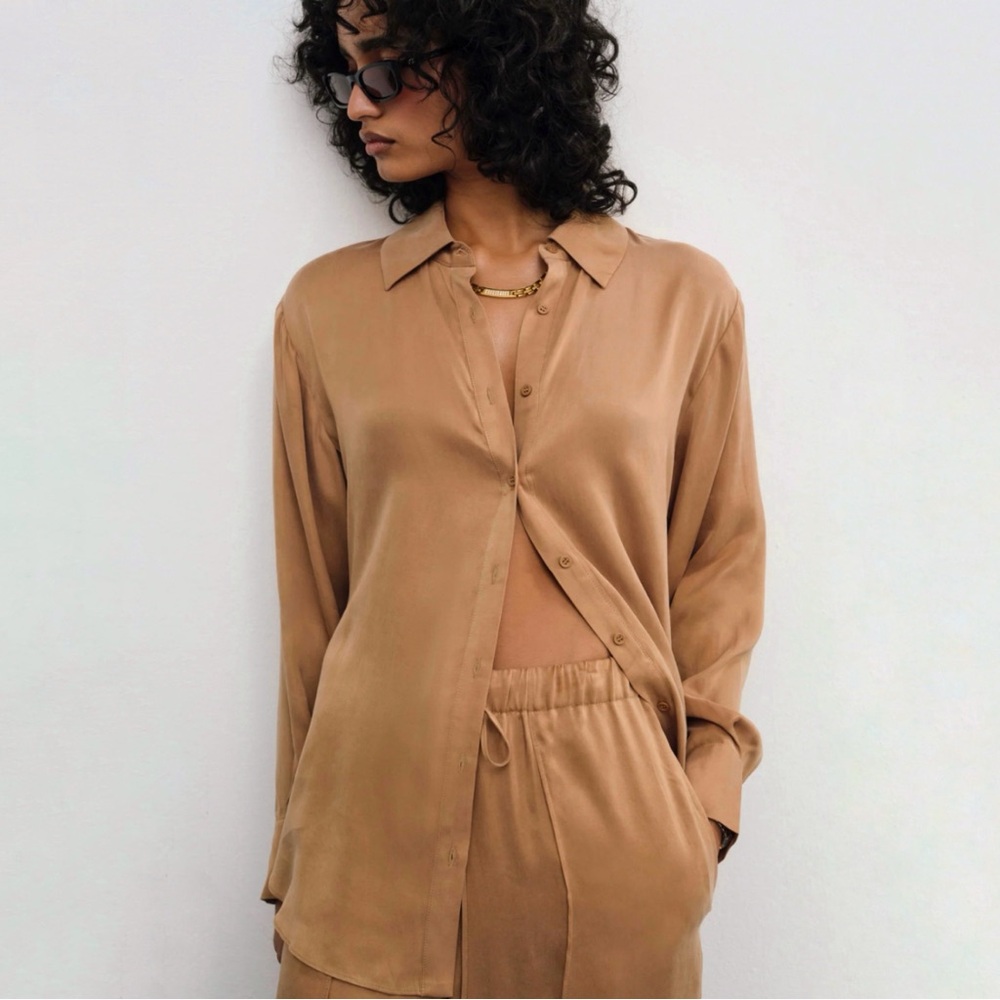 FOR LOVE & LEMONS TAN BROWN CLARABELL COLLARED BUTTON-DOWN LONG SLEEVE SHIRT